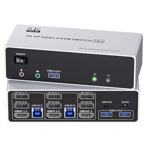HDMI Dispalyport KVM Switch 3 Monitors 2 Computers 8K@30Hz 4K@120Hz HDMI Dispalyport Triple Monitor KVM Switches with 3 USB3.0 Port for USB Devices Support Extended/Mirror Mode