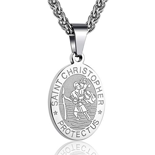 P. Blake Stainless Steel Oval St. Saint Christopher Medal Charm Necklace for Men Boys with Wheat Chain 24 Inches