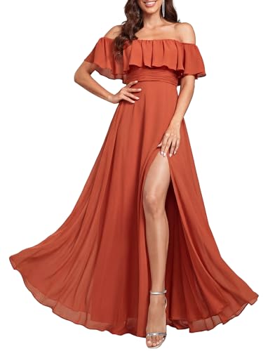 Image of Ever-Pretty Women's Summer Off The Shoulder Flowy Chiffon Formal Wedding Guest Dresses Maxi Side Split Beach Bridesmaid Dress