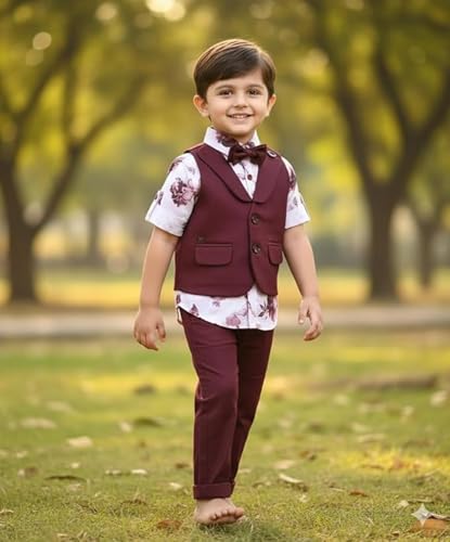 Image of Baby Boys Formal 3 Piece Suit Set with Shirt Matching Pant, Waistcoat & Bow Tie Kids Outfit, Stylish Dress for Toddler & Little Boys, Comfortable Designer Clothing Set