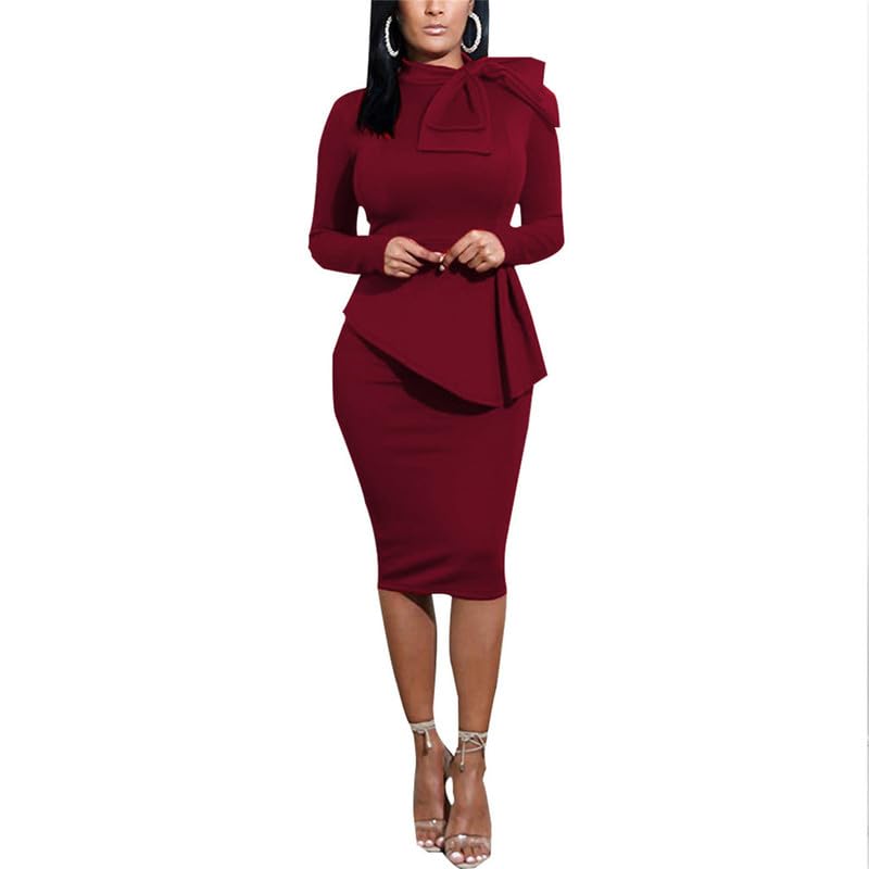 Vestido de lápiz de Oficina Peplum para Mujer Vestido de Tubo Elegante de Fiesta para Mujer Vestido de Tubo Midi de Manga Larga para el Trabajo de Mujer