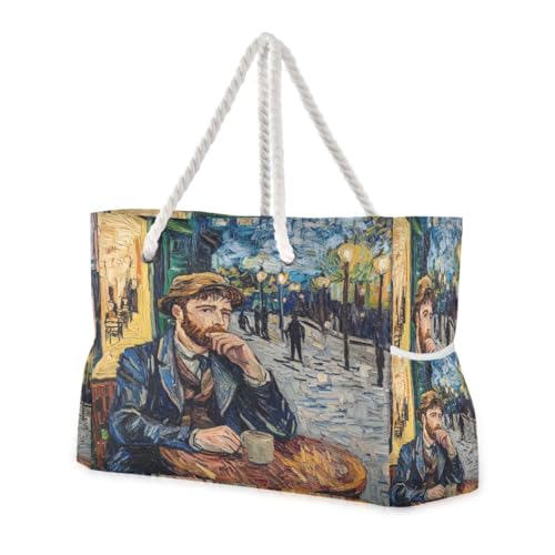 Street Café Beach Bag & Travel Tote Bag Large Sandproof with Zipper Closure, Wet Pouch for Swim Gym Travel, Lightweight Foldable Outdoor Bag