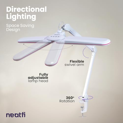 Image of Neatfi Elite HD XL LED Desk Lamp | 3 Light Modes | Non-Polar Dimming | 17 Inches Wide | Eye-Caring Desk Light for Home Office, Drafting, Beauty Shop, Workbench (Pink Ring, CCT with Clamp)