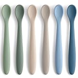 6 Piece Silicone Baby Feeding Spoons, First Stage Infant Soft-Tip Easy on Gums, Training Spoon Self-feeding, Utensils Supplies, Dishwasher & Boil-proof - Blue