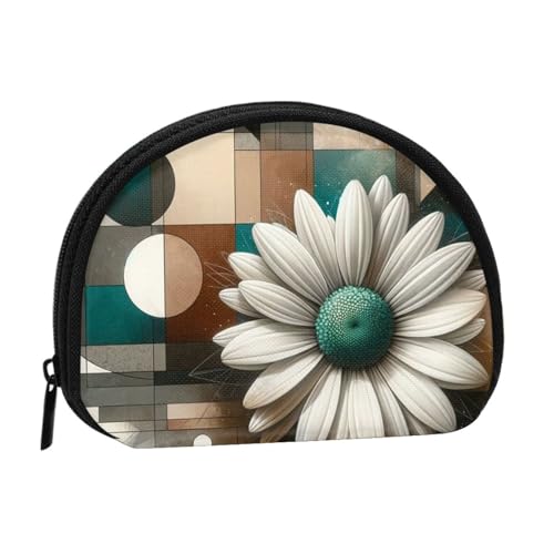 Portable Coin Purse Geometric-White-Daisy Mini Zippered Money Pouch Card Holder