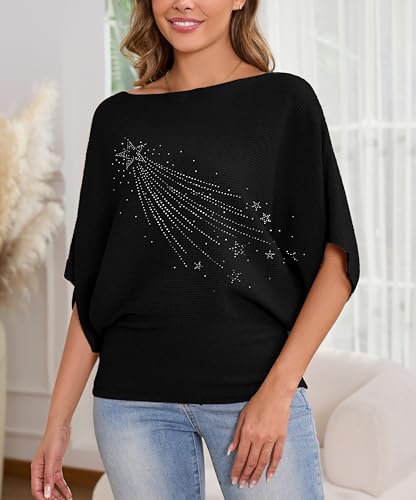 Image of MAKARTHY Womens Batwing Sleeves Knitted Dolman Pullovers Boat Neck Tops Sweatershirts