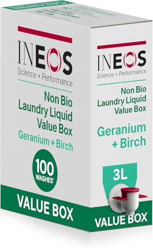 INEOS Next Gen Non Bio Laundry Washing Liquid Detergent Stain Removal for Clothes Plant Powered Eco value box Geranium + Birch 3L Stress Relieving Fragrance Vegan Cruelty Free