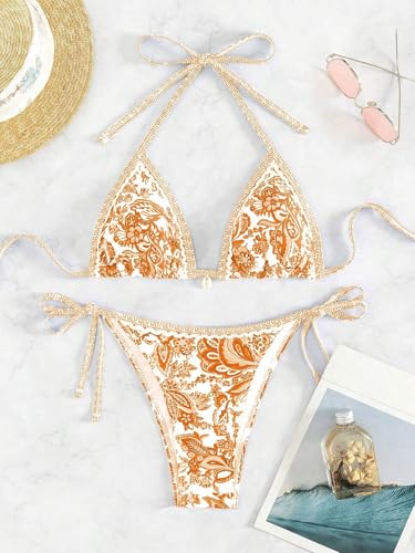 Image of BYFINECANY Women's Floral Printed Bathing Suit Halter Paisley Summer Swimsuit Bikinis Set