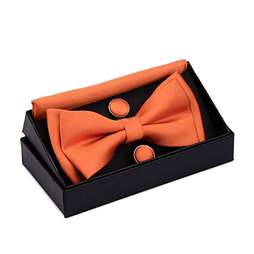 Image of GUSLESON Mens Solid Color Two Layer Pre-tied Bow Tie and Pocket Square Cufflink Set with Gift Box