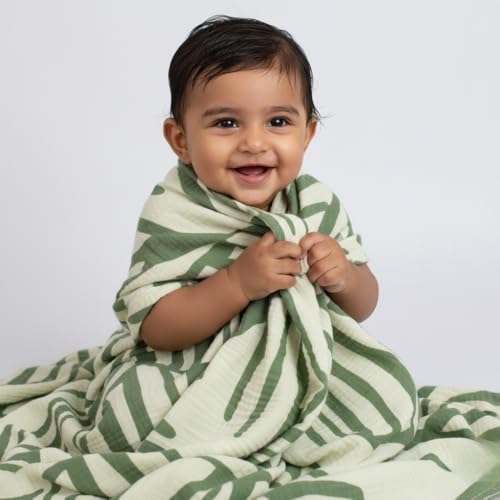 Image of BIGMOON 100% Muslin Baby Crinkled 4-Layer Bath Towel | Large 70 x 145 cm Soft & Breathable Towel for Newborn Baby | Green Leaf Printed Muslin Bath Towel, Baby Towel | 0-3 Years+, Pack of 1