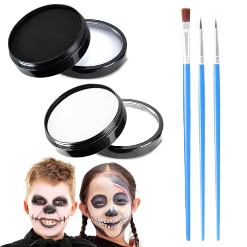 CHUANFU Maquilhagem de Halloween preto e branco, kit de maquilhagem profissional de Halloween, pinturas faciais para crianças hipoalergénica com pincel, pintura facial para carnaval teatral festa