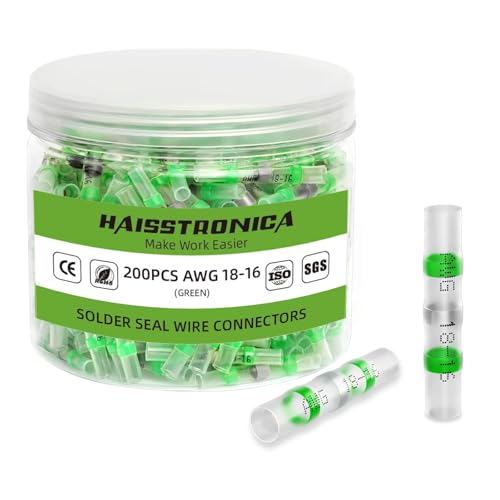 haisstronica (AWG 18-16 Green, 200) - 200PCS 18-16 Green Solder Seal Wire Connectors,Waterproof Wire Connectors, Heat Shrink Butt Connectors for Watercraft,Electrical,Electronics,Marine,Stereo