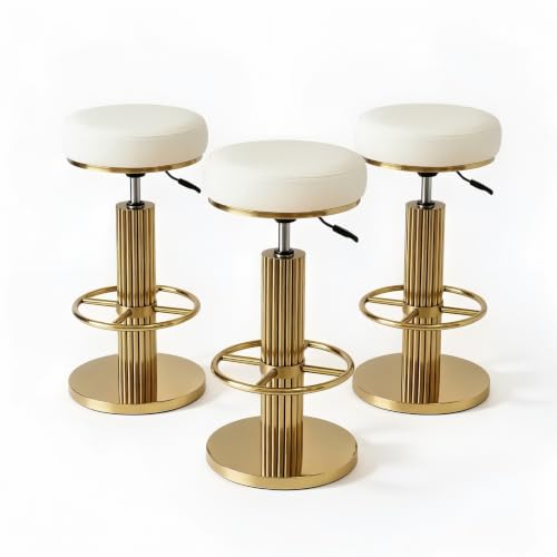 Image of Gold Bar Stools Set of 3 Adjustable Swivel Backless Counter Stool | 360 Swivel, 25.6 inch-29.5 inch Adjustable, Leather Thick Cushion, Stainless Steel Frame, 350 lbs Capacity, Gold