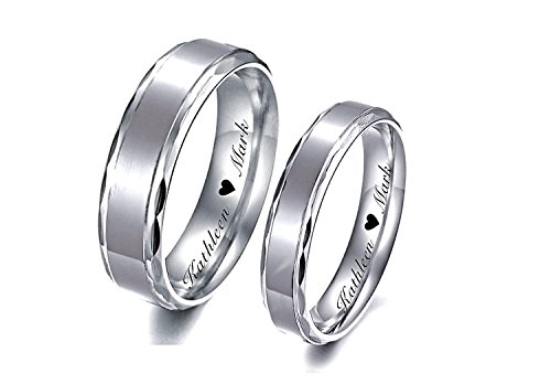 Personalized Stainless Steel Diamond Cut Two Tone Ring Set Custom Engraved Free In Any Language - His & Hers Couple's Ring Set - Wedding Band Set - Ships from USA
