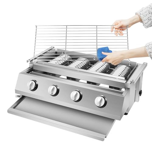 Bruciatore a gas, 4 fuochi, barbecue a gas da campeggio, in acciaio inox, con griglia, griglia da tavolo, rimovibile, altezza regolabile, per campeggio, balcone, giardino