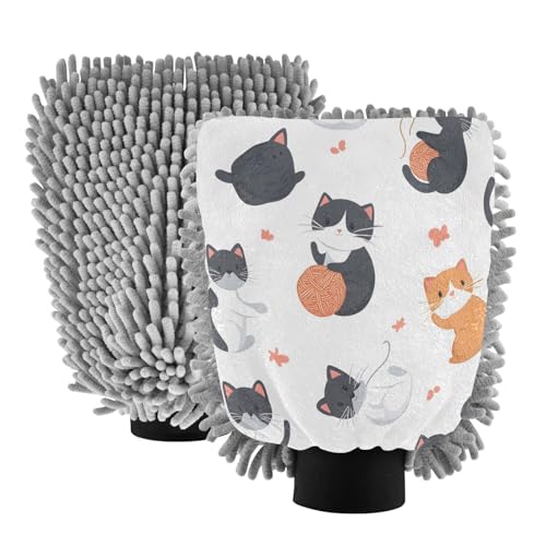 STAYTOP Cute Cartoon Cat Car Wash Mitt Microfiber, 2Pcs Scratch Free Lint-Free, Premium Chenille Microfiber Mitt Car Wash Brush-M