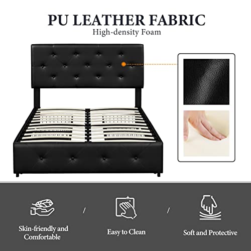 Yaheetech Upholstered Bed Frame With 4 Storage Drawers And Adjustable Headboard, Faux Leather Platform Bed Frame With Mattress Foundation, Strong Wooden Slats Support, No Box Spring Needed, Black-Full #TOP7