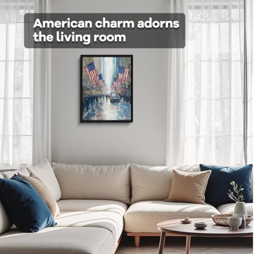 American Flags Wall Art, rainy city reflections, urban impressionist wall decor, brushstroke framed canvas print, patriotic poster, for office hallway veterans gift, 12x15 inch - Image 3