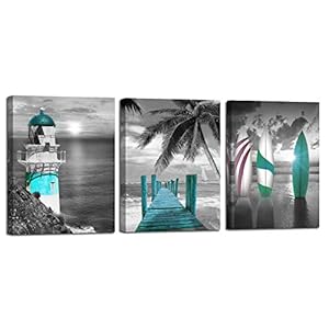 Arjun Teal Canvas Wall Art Ocean Lighthouse Painting Palm Tree Surfboard Pictures Framed 12"x16"x3 Panels, Coastal Beach Theme Tropical Artwork for Bathroom Bedroom Living Room Home Office Wall Decor Arjun Teal Canvas Wall Art Ocean Lighthouse Painting Palm Tree Surfboard Pictures Framed 12x16x3 Panels Coastal Beach Theme Tropical Artwork for Bathroom Bedroom Living Room Home Office Wall Decor