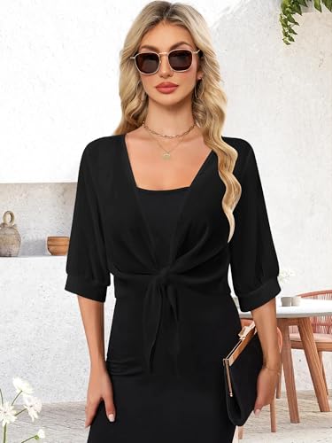 Women Shrug Cardigans Soft Chiffon Summer Tops 3/4 Sleeve Lightweight Cropped Cardigan Tie Front Bolero for Dresses4