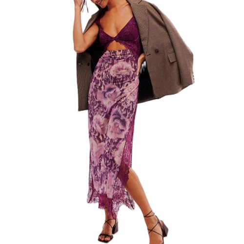 Image of Women Sexy Lace Patchwork Mesh Dress Floral Print Cutout Sweetheart Neck Backless Slit Summer Maxi Dress