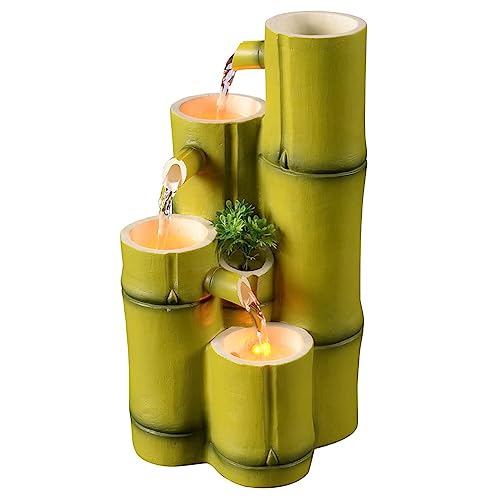 Haobos Tiered Bamboo Appearance Column Tabletop Fountain Relaxation Desktop Waterfall Fountain, 10.6 Inch Tall Simulation Natural Bamboo Cascading Fountain Decorate for Home/Office