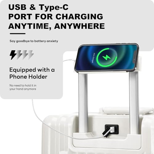 2-Pice Luggage Set 20/24, Aluminum Frame Luggage Set with Cup Holder & Charge,TSA Lock,Hardshell, Zipperless Design, Carry-On and Checked Luggage, Unisex (Model B – White, 20inch)4