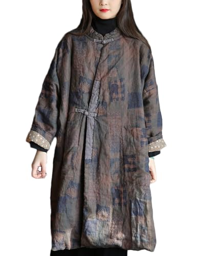 NFYM Women Quilted Jacket Kimono Vintage Linen Printed Long Loose Outwear Coats with Pockets