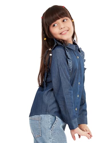 Image of olele Girls Full Sleeve Ruffles Cotton Linen Shirt - White for 4 to 14 Years | Kids Girl White Shirt | White Ruffle Shirt for Girls | Shirt Jeans