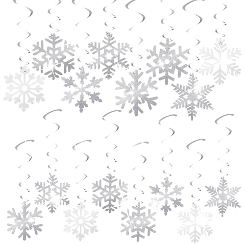 Decoración colgante de copo de nieve de Navidad (32 piezas), remolinos de techo de copo de nieve plateado y blanco, adornos de techo de aluminio para Navidad, congelado, invierno, país de las