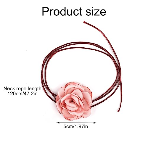 SAVITA Vintage Flower Necklaces, Boho Floral Necklace Adjustable Fabric Rose Necklace for Women Girls Bride Wedding Party Birthday (Light Pink)2