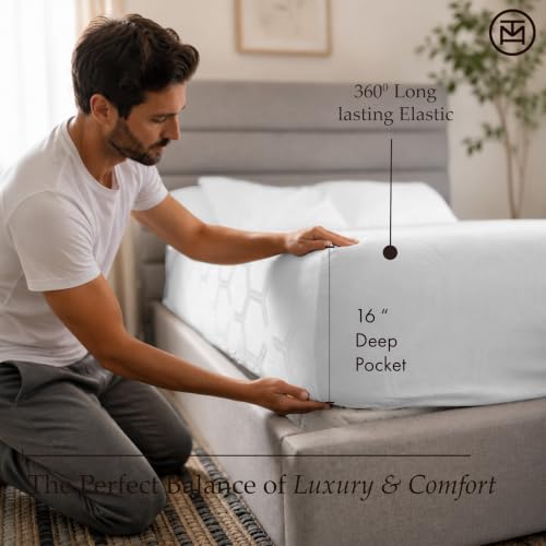 Image of Threadmill 100% Cotton Sheets for Full Size Bed - 600 Thread Count Full Bed Sheets Set with 16 inch Deep Pocket - Jacquard Sateen Weave 4-Piece Bedding Set with Cooling Effect, White