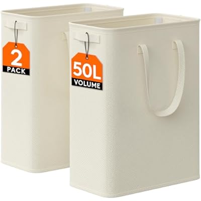 Lifewit 2 Pack Slim Laundry Hamper, Collapsible Narrow Laundry Basket, Small Tall Dirty Clothes Hampers with Handles for Bathroom Bedroom College Dorm, White, 50L