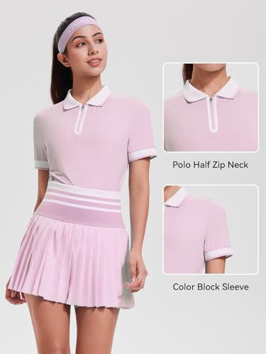 Image of Tennis Skirt Sets for Women Zipper Color Block High Waisted Golf Polo Two Piece Skirt Set Women 2 Piece Outfits