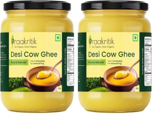 Image of Praakritik Desi Cow Ghee 1 Litre - Premium Pure Ghee, Traditional Method, Authentic Desi Ghee for Cooking, Healthy & Flavorful (Pack of 2)