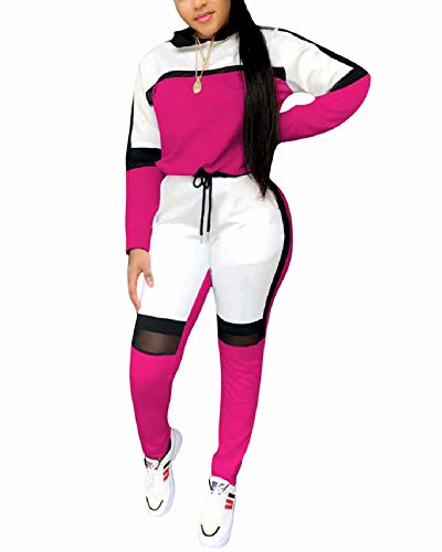 Women's Casual Sweatsuit Two Piece Outfits Patchwork Net Color Block Pocket Hooded Top Pant Set Jogger Tracksuit Rose M