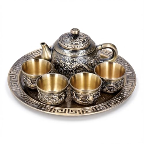 Juego de Tetera de Metal de estilo marroquí Vintage, tetera de aleación de Zinc con 4 tazas y plato, decoración de mesa con tótem de dragón en relieve