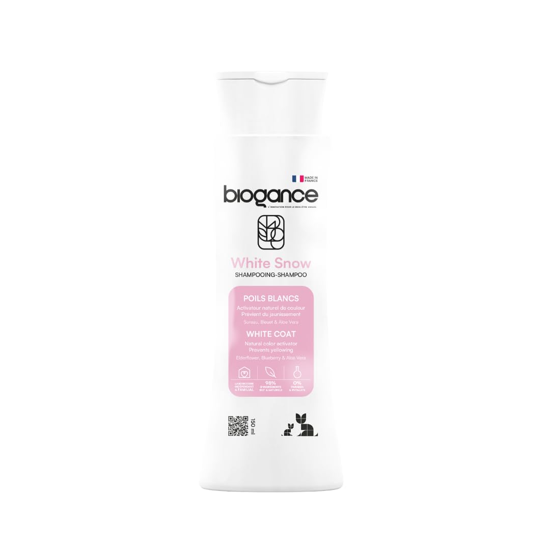 Biogance - Shampooing Poils Blancs - White Snow - 150 ML - Produit d'hygiène pour Chat - à Base de sureau, de Bleuet et d’aloé Vera Bio.