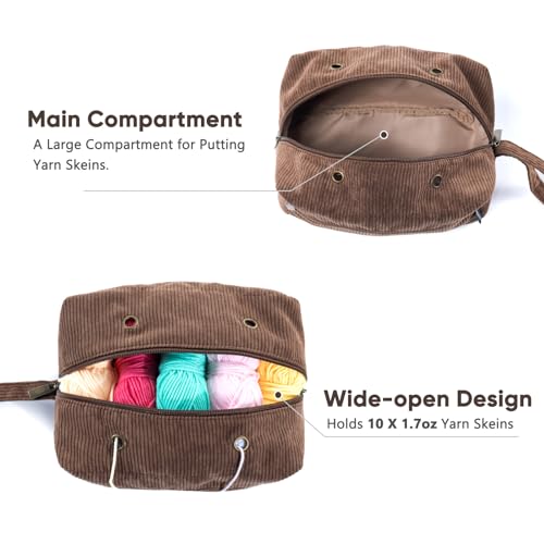Crochet Bag and Tote Bag - Corduroy Yarn Bag - Yarn Holder with Pockets for Crochet Hooks, Knitting Accessories