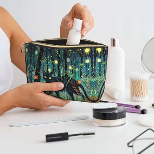 Mystical Black Cat Fireflies Makeup Bag, Cosmetic Bags Travel Toiletry Bag Make Up Bag for Women, Leather Makeup Bag Organizer, Cute Makeup Pouch Gold3