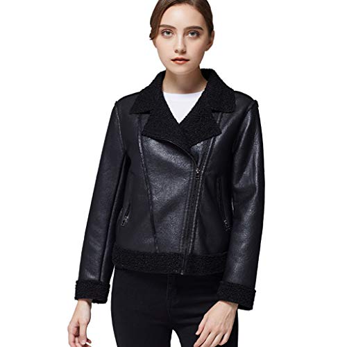 Apperloth Faux Leather Jacket Long Sleeve Sherpa Lined Zipper Short Moto Biker Coat Black