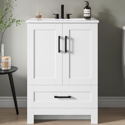 IRONCK 24' Bathroom Vanity with Sink, Freestanding Bathroom Cabinet Vanity with Soft-Close Doors & Storage Drawer, Modern Design for Small Bathrooms, Undermount Ceramic Sink, Easy Assembly, White