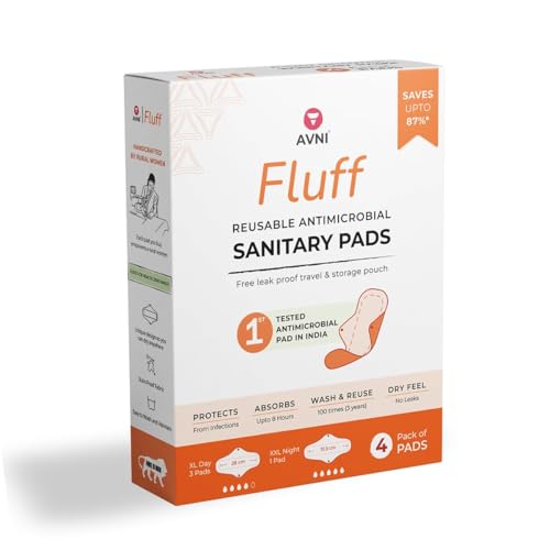 Avni - Fluff Reusable Cloth Pads, Pack of 4, 2XL (28 cm) + 2 XXL (32 cm)| Antimicrobial Washable Cloth Sanitary Pad | With Cloth Storage Pouch