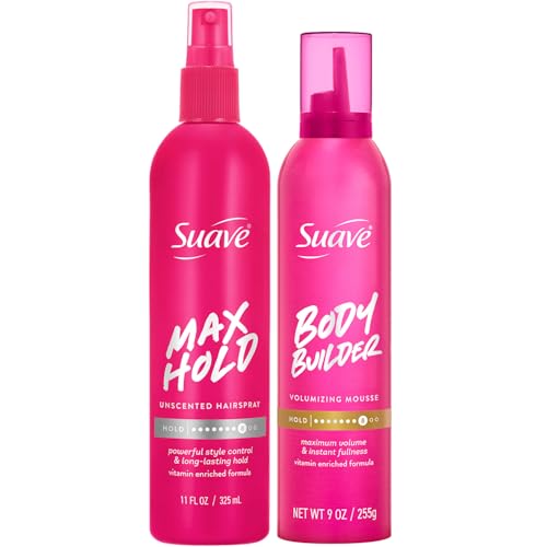 Suave Hair Styling Bundle – Max Hold Unscented Hairspray, Long-Lasting Hold + Body Builder Volumizing Mousse, Instant Fullness, Frizz Control