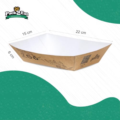 Image of Pack2Eat Large Paper Food Boat Trays | Eco-Friendly Disposable Serving Trays for Snacks | White Kraft Paper Boats for Parties, Events & Takeaway (Pack of 50)