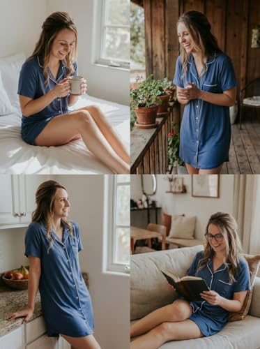 Image of Pjmlifecoco Nightgown for Women Button Down Sleepshirt Short /Long Sleeve Nightdress Soft Modal Sleepwear S-XXL