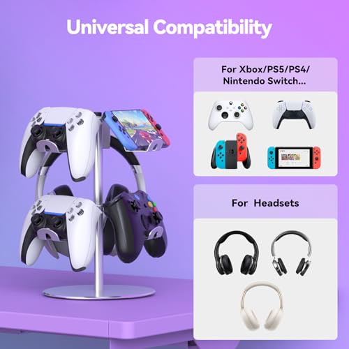 Image of DGPCT Aluminum Rotating Controller Stand for Xbox /PS5 /Switch, 2-Tier | 6 Hangers to Place, Holds Headset & Controllers, Stable Controller Organizer Rack, Fits for Switch Pro /PS4 and More, Silver