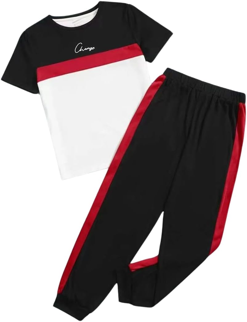 Kid Young Boy Clothes Outfits Casual Crew Neck Colorblock Short Sleeve Top 2pc Fall Pants Set