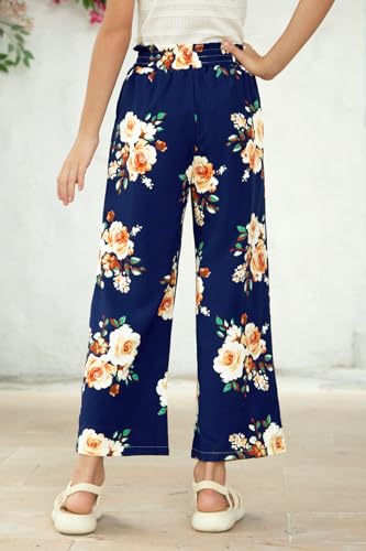 Image of Girls Summer Floral Wide Leg Pants High Waisted Flowy Dress Trousers with Pockets for School Lounge Beach 5-14 Years