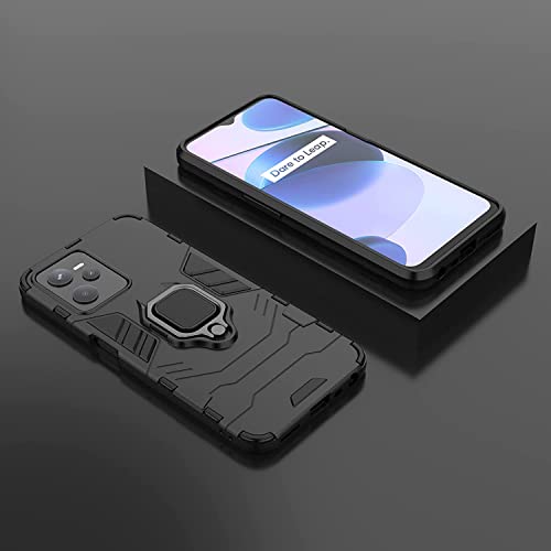 Image of WOW IMAGINE Shock Proof Back Case Mobile Cover for Realme Narzo 50A Prime | Realme C35 (Armor | Hybrid PC + TPU | Full Protection with Ring Holder Kickstand | Carbon Black)